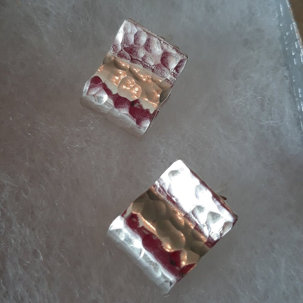 Sterling Silver Modernist Chunky Hammered 1/2" Closed Hoops w Tabs Post Closure